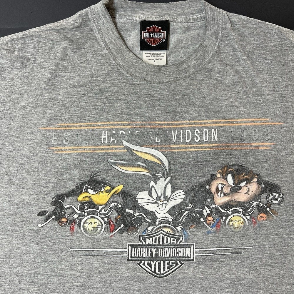 Vintage Harley Davidson Looney Tunes Tshirt Men's L Gray Double‎ Sided